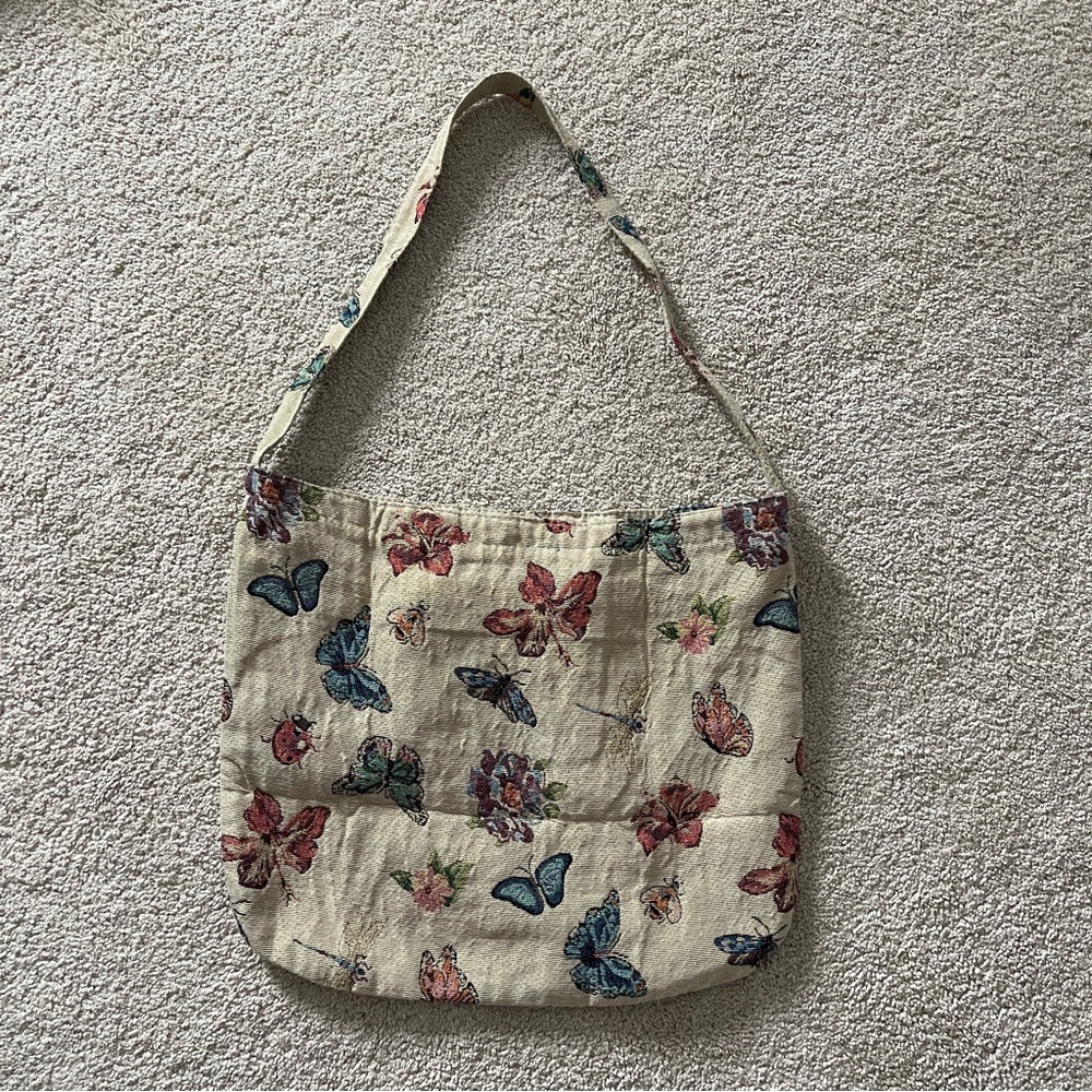 Floral Butterfly Print Cream Tote Bag